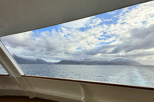 Views fom deck 6 wraparound promenade deck on MS Trollfjord in Norway